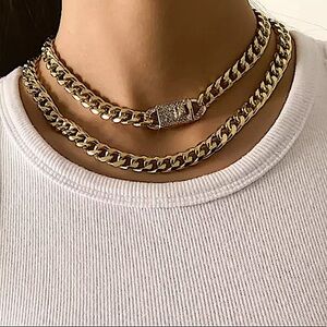 Gold Cuban Lock Rhinestone Double Layer Chain Link Necklace
